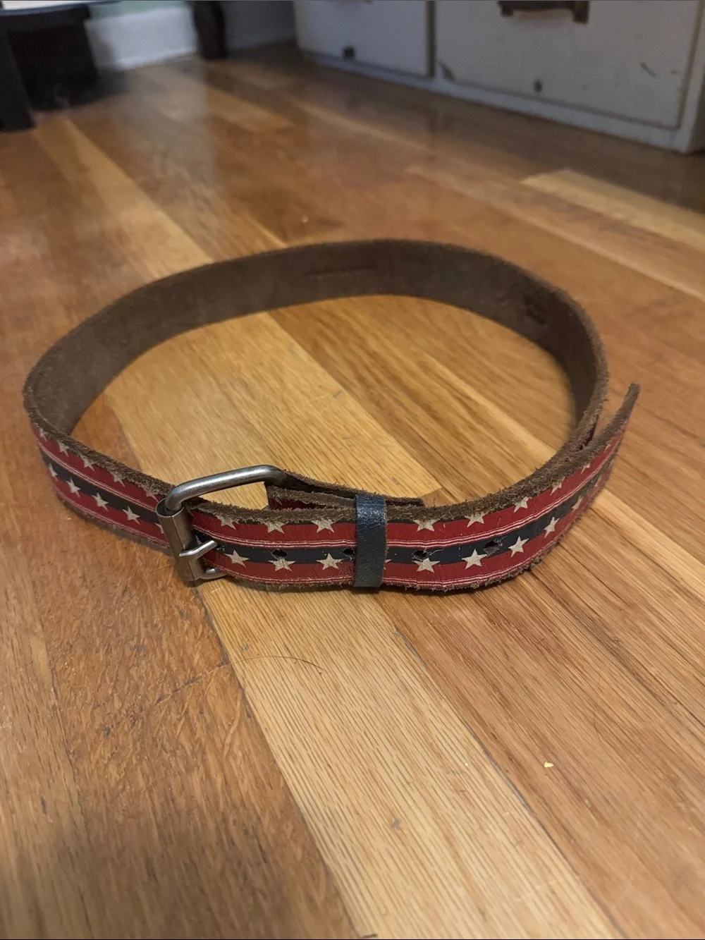 Men's Brown Leather Belt with Red, White & Blue Star Stripe